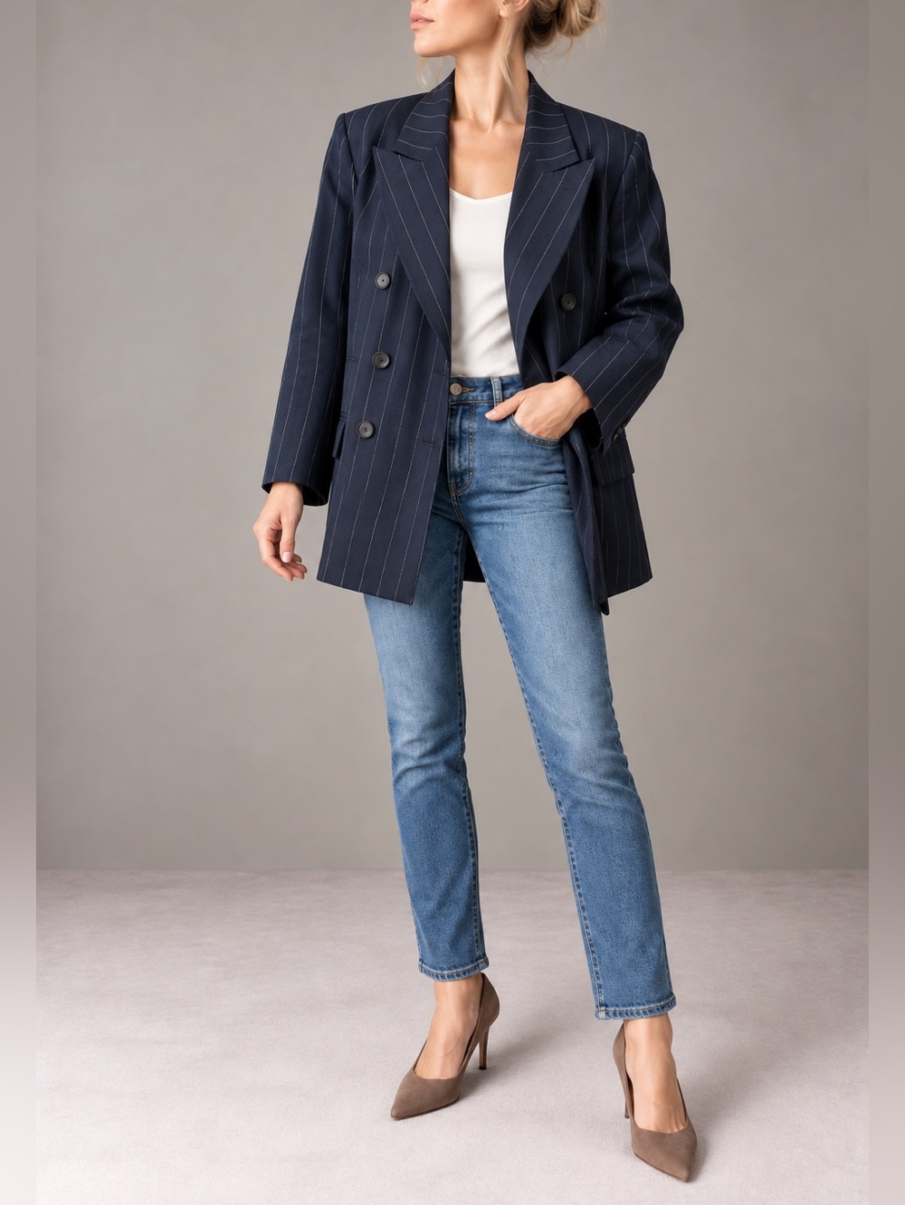 L’AGENCE Women's Pinstripe Double-Breasted oversized Blazer in Blue NAVY ROYAL